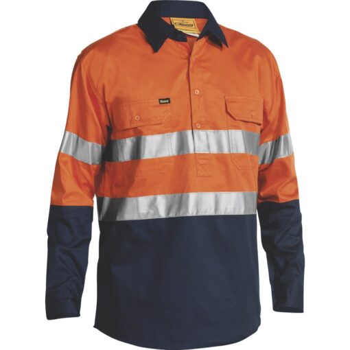 Bisley BSC6896 Closed Front Work Shirt with Closed Front & Reflective Tape Orange/Navy - Front