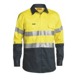 Bisley BT6456 Hi-Vis Cotton Drill Work Shirt with Reflective Tape Yellow/Bottle Green - Front