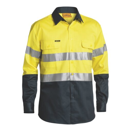 Bisley BT6456 Hi-Vis Cotton Drill Work Shirt with Reflective Tape Yellow/Bottle Green - Front