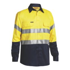 Bisley BT6456 Hi-Vis Cotton Drill Work Shirt with Reflective Tape Yellow/Navy - Front